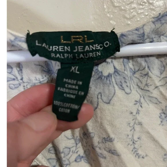 Lauren Ralph Lauren Floral Toile Ruffle V-Neck Sleeveless Cotton Top Blue XL - Picture 6 of 7